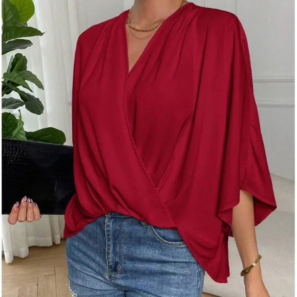 Plus Sold Ruched Batwing Sleeve High Low Blouse - Picture 2 of 9